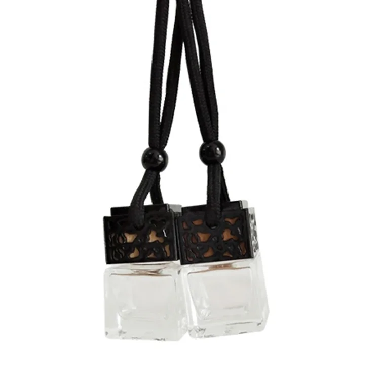 Hot Sale 8ml Mini Square Car Hanging Diffuser Fragrance Perfume Oil Empty Glass Bottles with Black Gold Sliver Cap