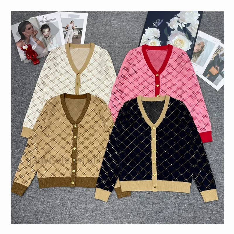 Autumn Winter Women Luxury Clothing Designer Print Jacquard Sweater Coat Ladies Elegant Long Sleeve V Neck Knitted Cardigan