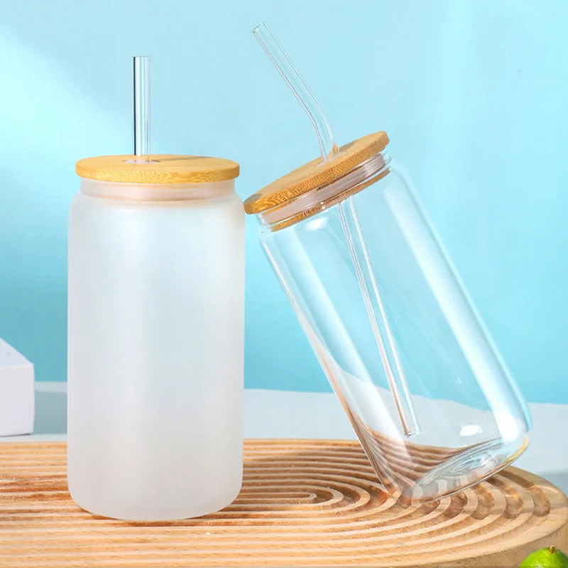 Colored Clear 16oz Beer Soda Can Shaped Glass Drinking Bottle Glasses Straight Tumbler Mugs Cup with bamboo lid and glass straw