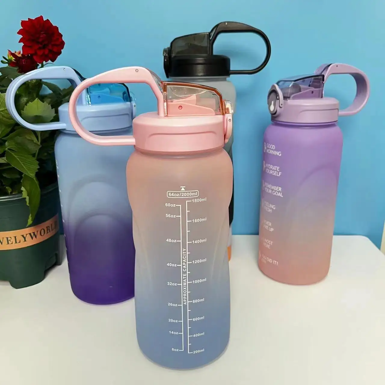 Outdoor One click flip top lid Gym Sport Gradient Multicolor Gallon Water Jug 2 Litre Plastic Bespoke Water Bottle with Handle