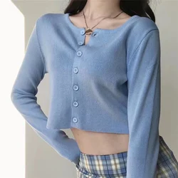 2022 Spring Korean O-neck Short Knitted Sweaters Women Thin Cardigan Fashion Short Sleeve Sun Protection Crop Top