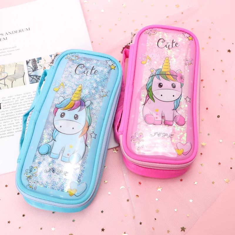 TOPSTHINK Big capacity zipper unicorn liquid fabric portable multi zipper pencil case for kids
