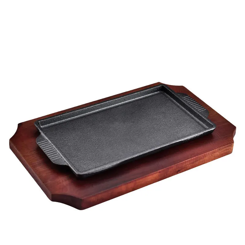 High Quality Cast iron rectangular roasting bbq grill griddle plate with wooden tray