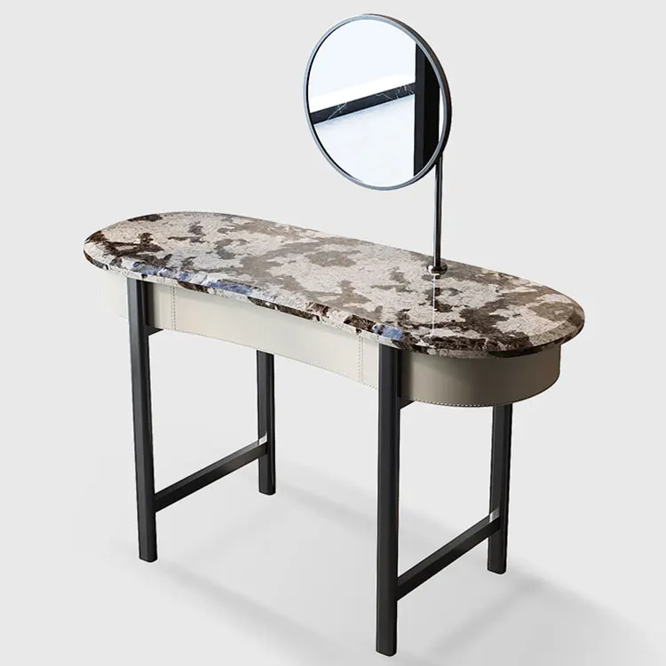 Mirrored Makeup Table Marble Top Dresser Table Bedroom Furniture Dressing Table with Walnut Solid Wood Led