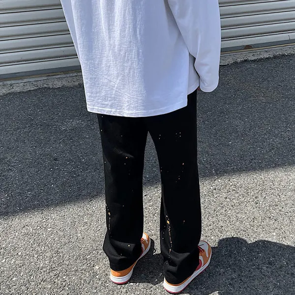 Black Stocked Factory Wholesale Jeans Oil Paint Streetstyle Oversized Wide Leg Jeans Loose Flared Jeans