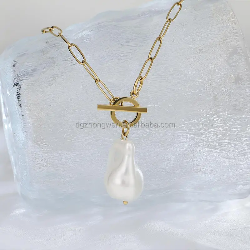 Zhongwen Fashion 18k Gold Plated Tarnish Free 316L Stainless Steel Big Fresh Water Pearl Necklace With OT Clasp