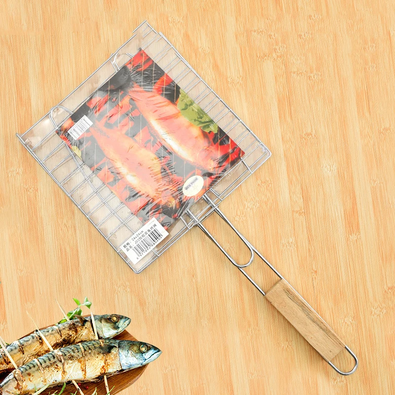 Barbecue tool thicken double fish barbecue mesh grill basket BBQ rack barbecue clip for fishes wooden handle