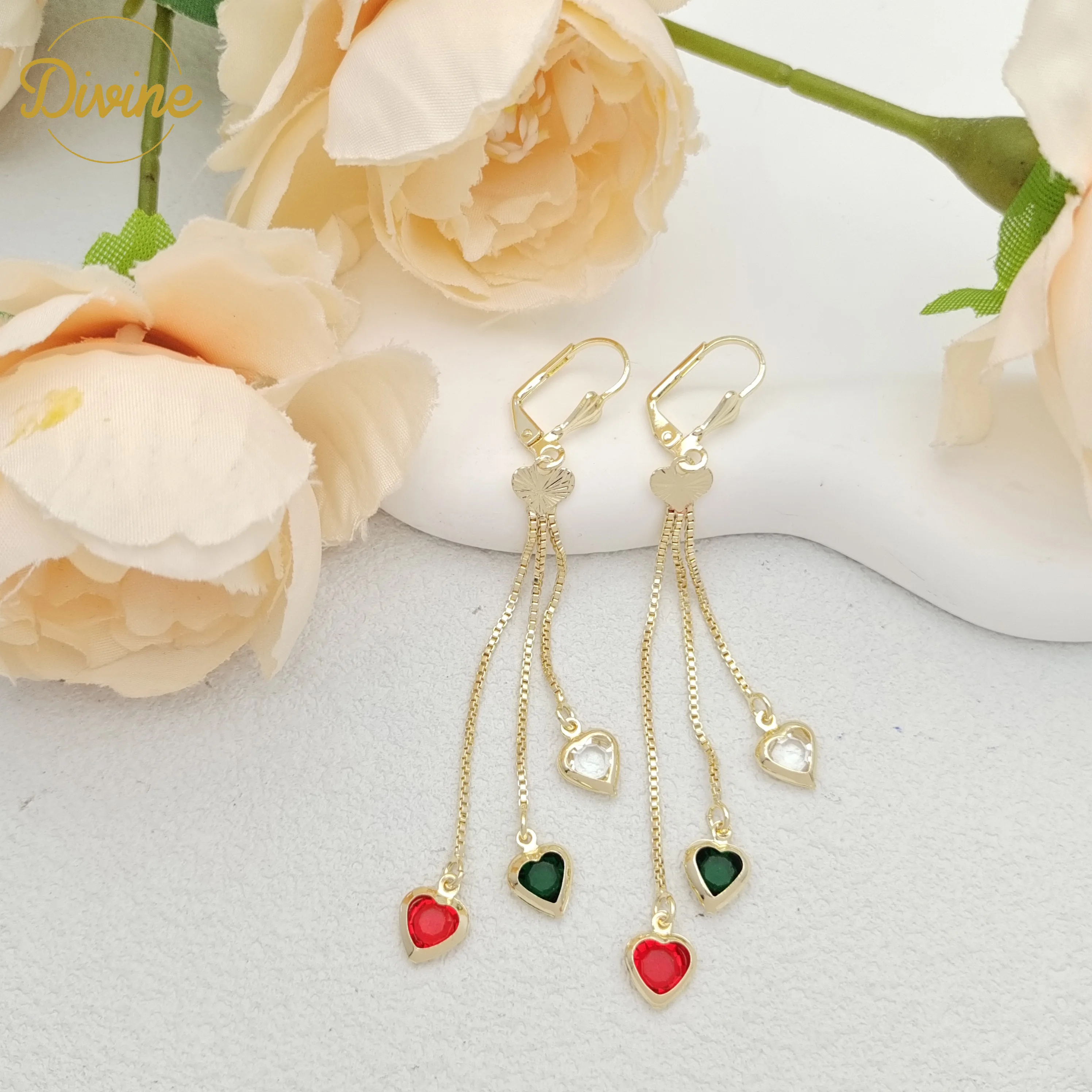 Wholesale Copper Love Heart Style Red Colorful Zircon Huggies 14k Gold Plated Hoop Long Earring Jewelry Accessories For Women