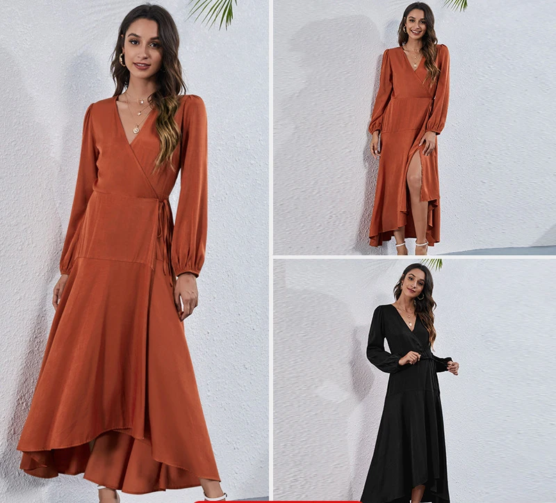 V-neck tie fashion irregular sexy skirt ankle length dress evening dresses for women