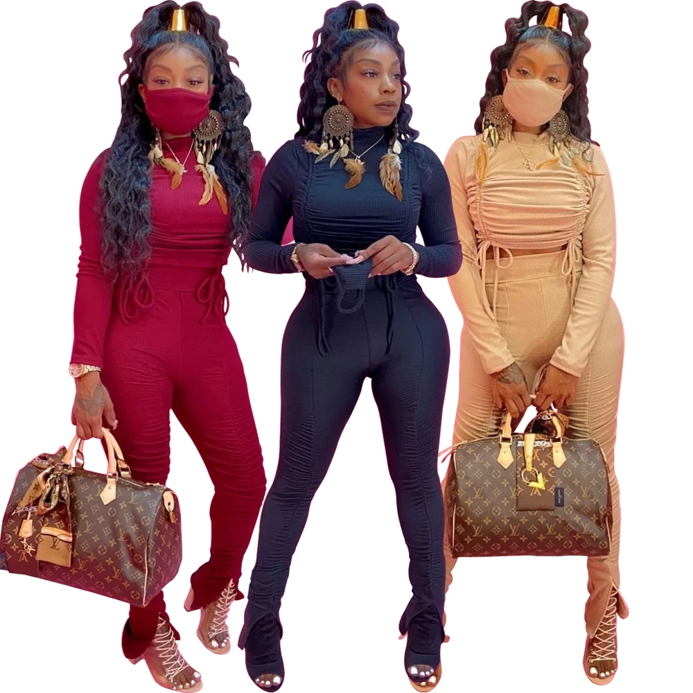 
Hot selling ready to ship draw string stacked split pants women two piece set 