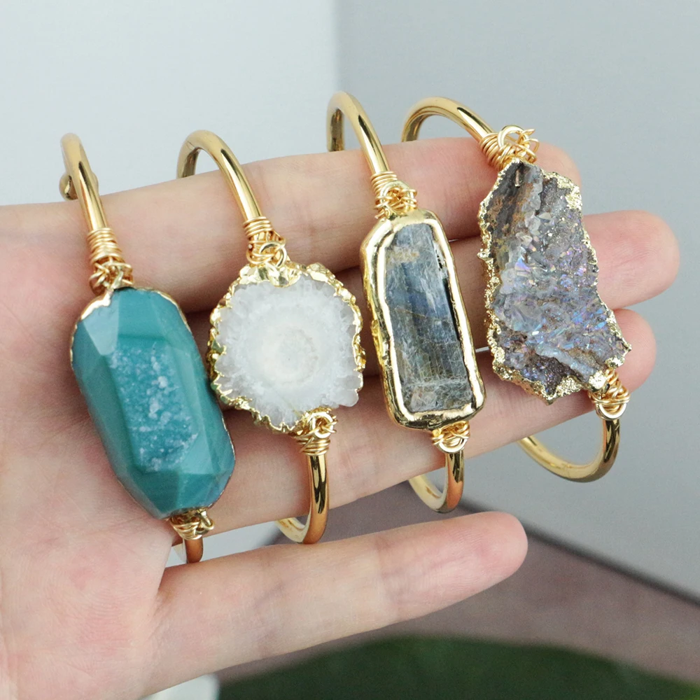 LS-D1374 Wire Wrapped Natural Solar Quartz Druzy Bangle Natural Sun Flower Bracelet Blue Kyanite Bangle