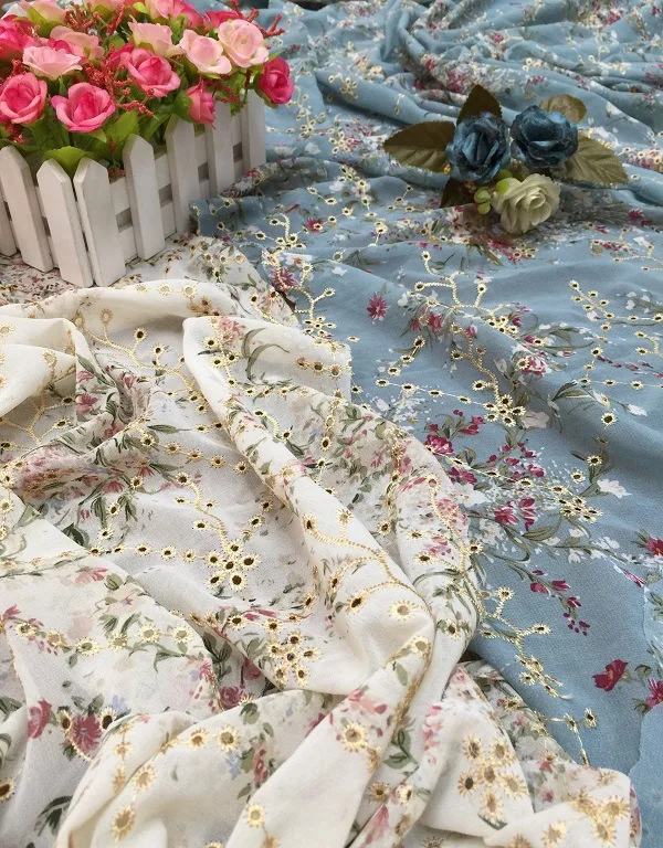 New chiffon printing potted flower punching embroidery lace tulle shell fabric embroidery fabric
