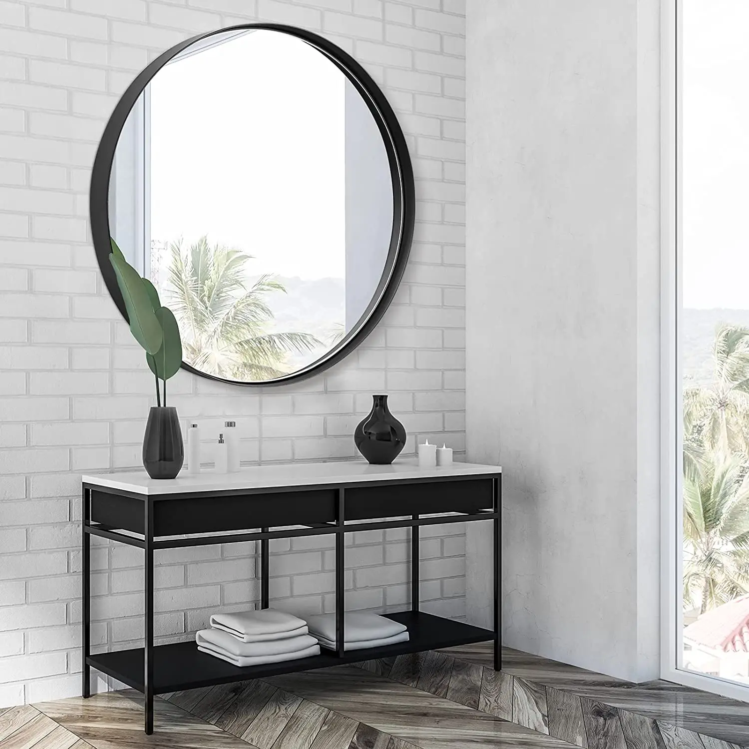  Black round circle recessed mirror premium metal framed wall-mounted hanging for bathroom washroom bedroom home