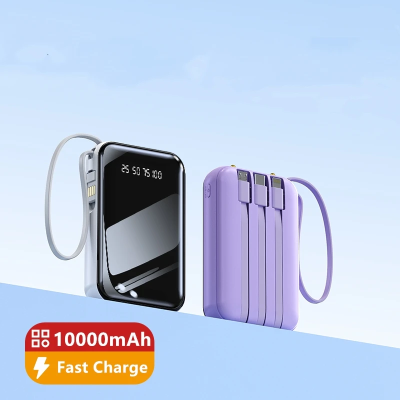 Custom logo Portable Mini Power Bank 10000mah Fast Charging With Flashlight Led Display Built-in Cables USB Plug powerbank