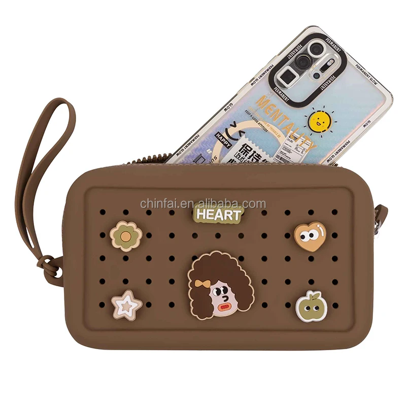 Chinfai Customized Hole Charms Portable Zipper Silicone Mobile Bag with Strap