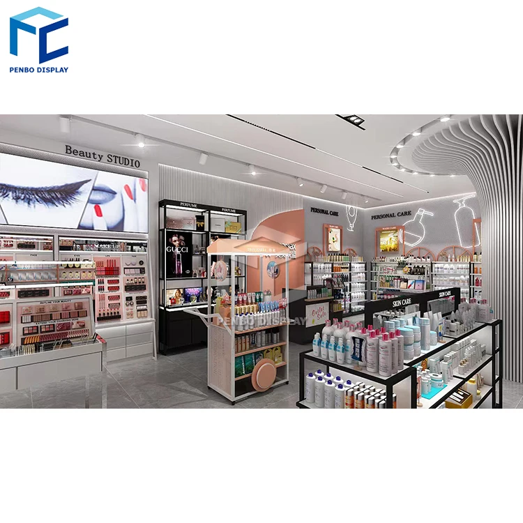 Custom Wooden Wall Cosmetic Shelves Display Cabinet And Makeup Display Wall Showcase