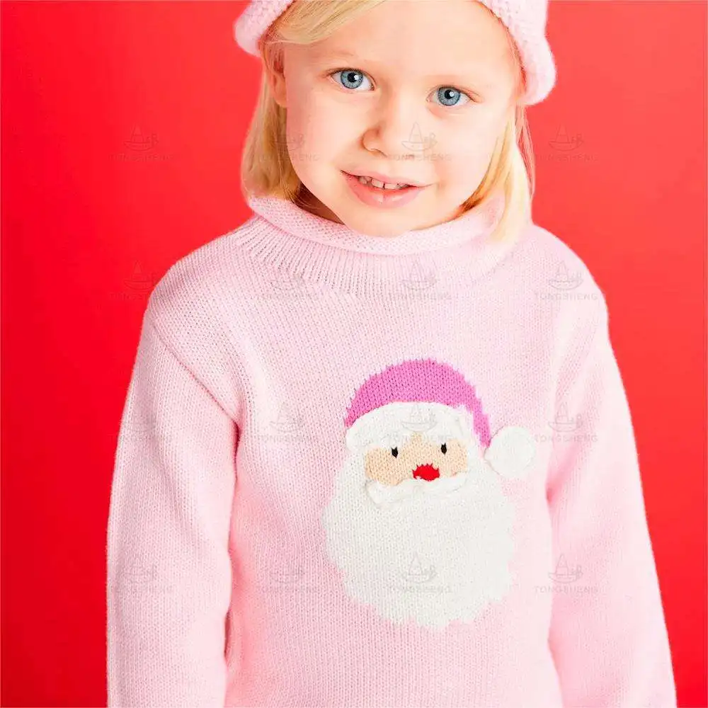 OEM Supplier Custom Kids Gift Christmas Sweater Acrylic Funny Pink Children Baby Girl Santa Head Twilight Rollneck Sweater