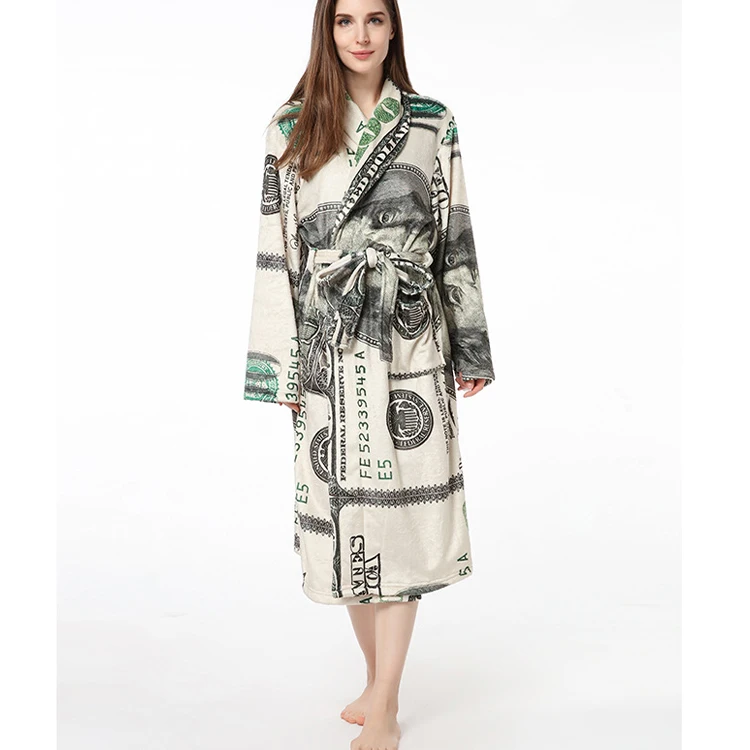 Flannel velvet bath robe bathrobes nightgown pajamas dollar billion women money print robes