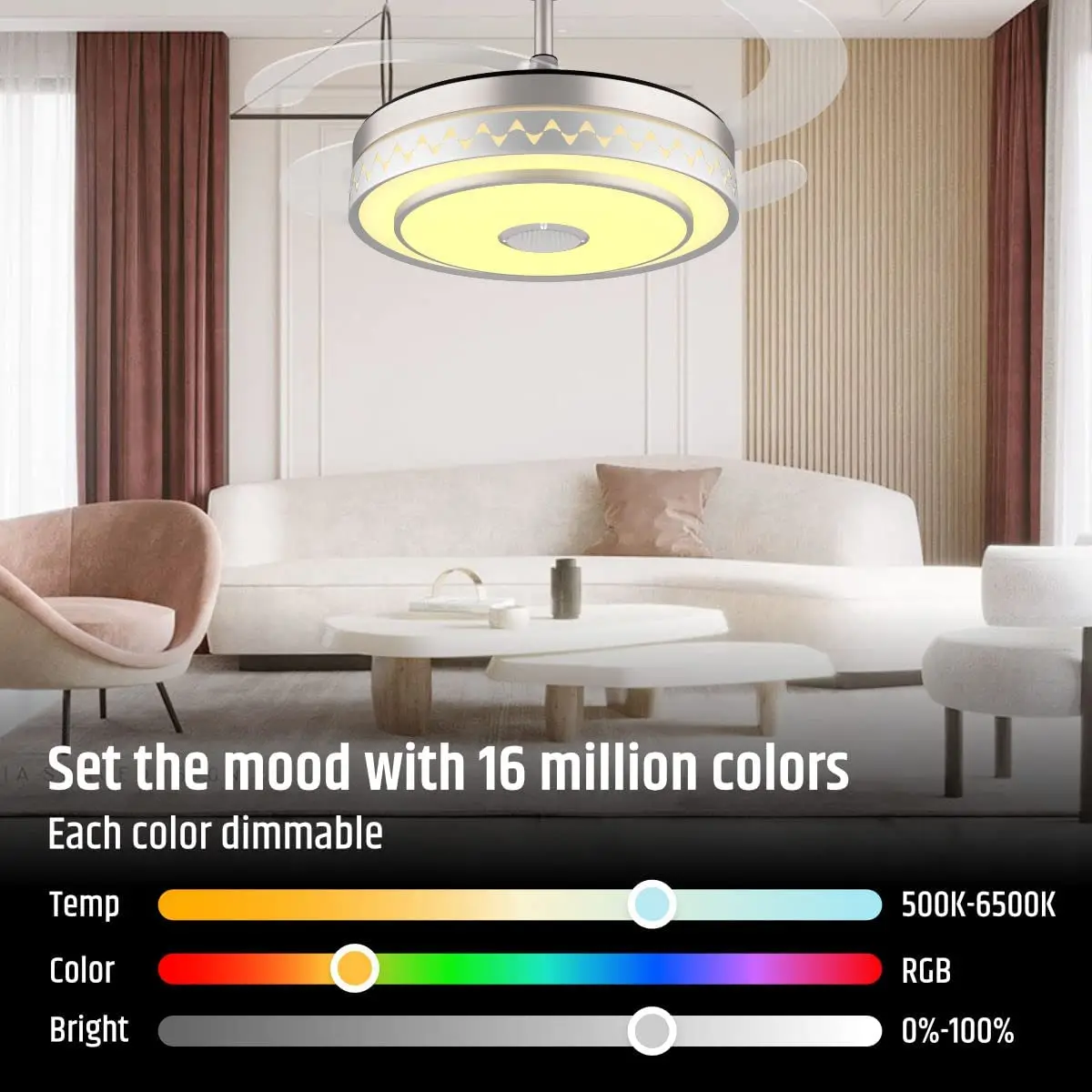 OEM Ceil Fan Light CCT Modern Chandelier Pendant Speaker 2.4G Remote App Color Changing Smart Music LED Ceiling Fan with Light