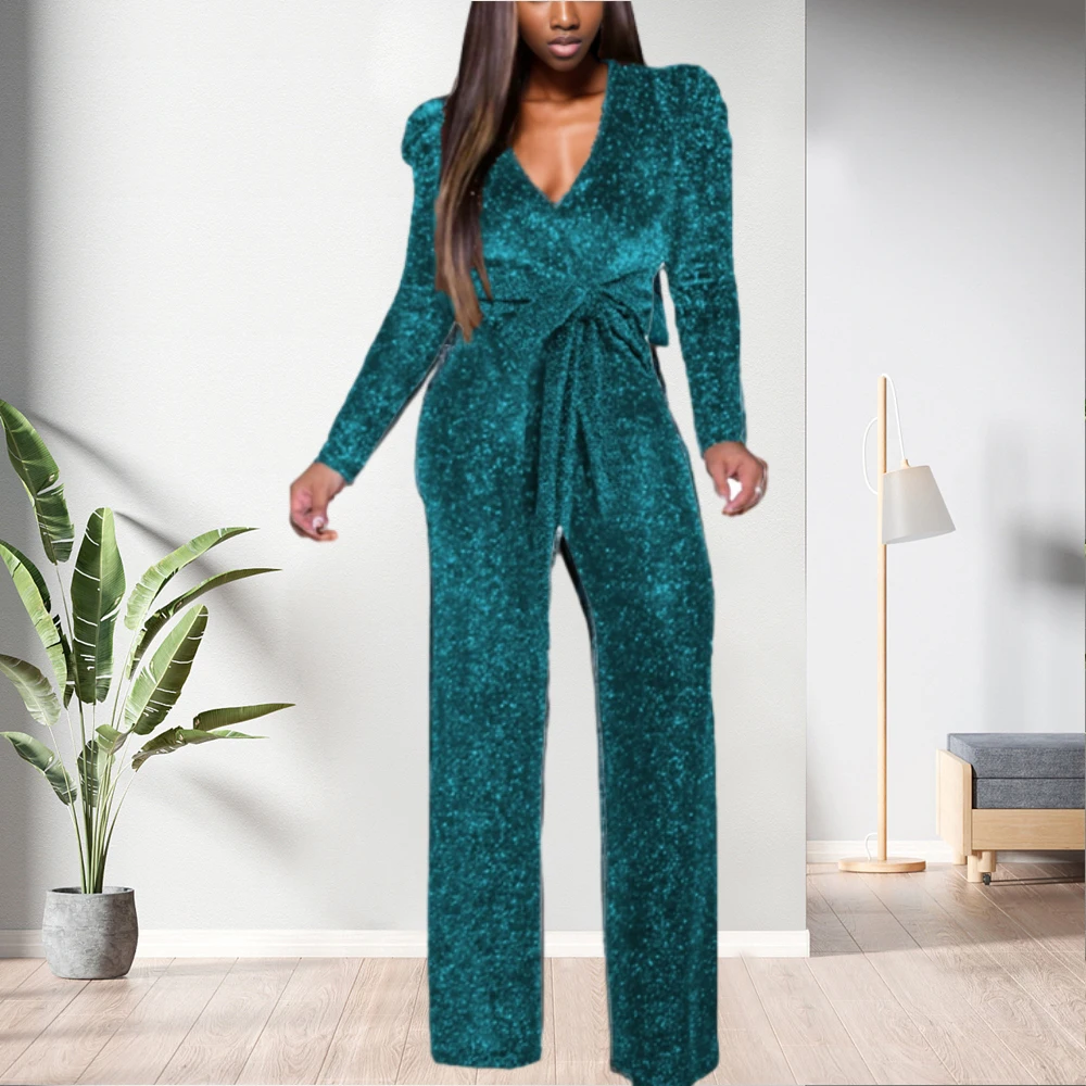 10802-MX97 Loose V-neck One Piece Wide Leg Jumpsuit Women Sehe Fashion