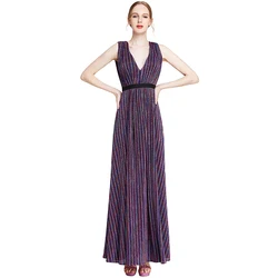 D014 Party maxi dress evening woman pleat stripe deep V-neck prom long dresses for women