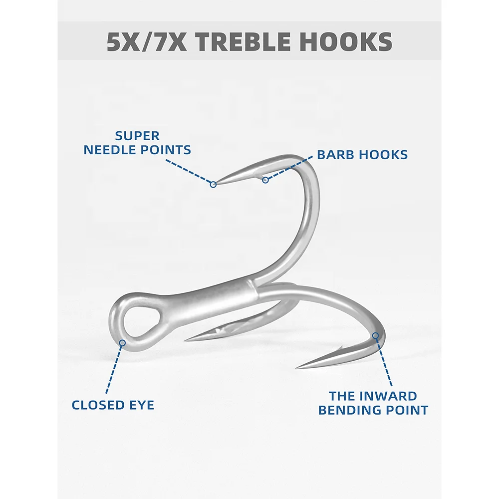 1/0 Needle Point Fishhook Super Strong 5X Strength Treble Hooks Fishing High Carbon Steel Hooks for Freshwater Saltwater
