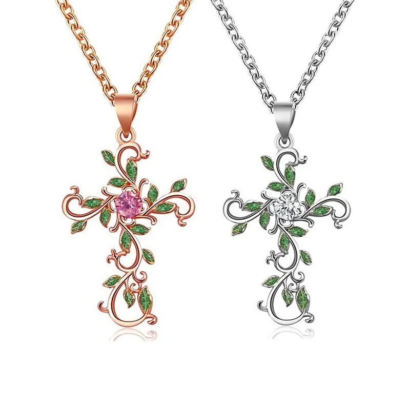 Women Orthodox Jesus Diamond Rhinestone Tarnish Free Dainty Chunky Collar Flower Leaves Christian Cross Pendant Necklaces