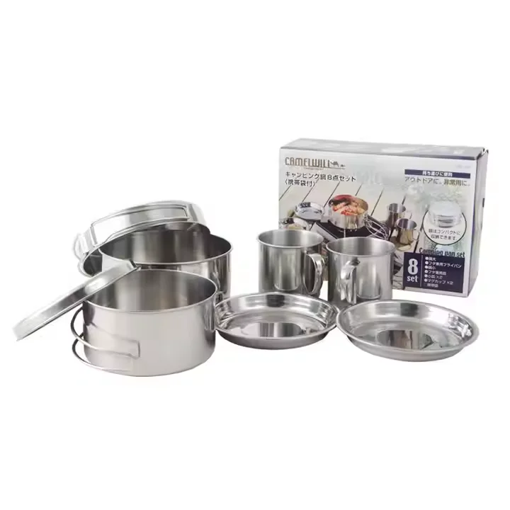 High Premium Food Grade Stainless Steel Camping Cooking Tableware With Plates Cup Bowl Spoon