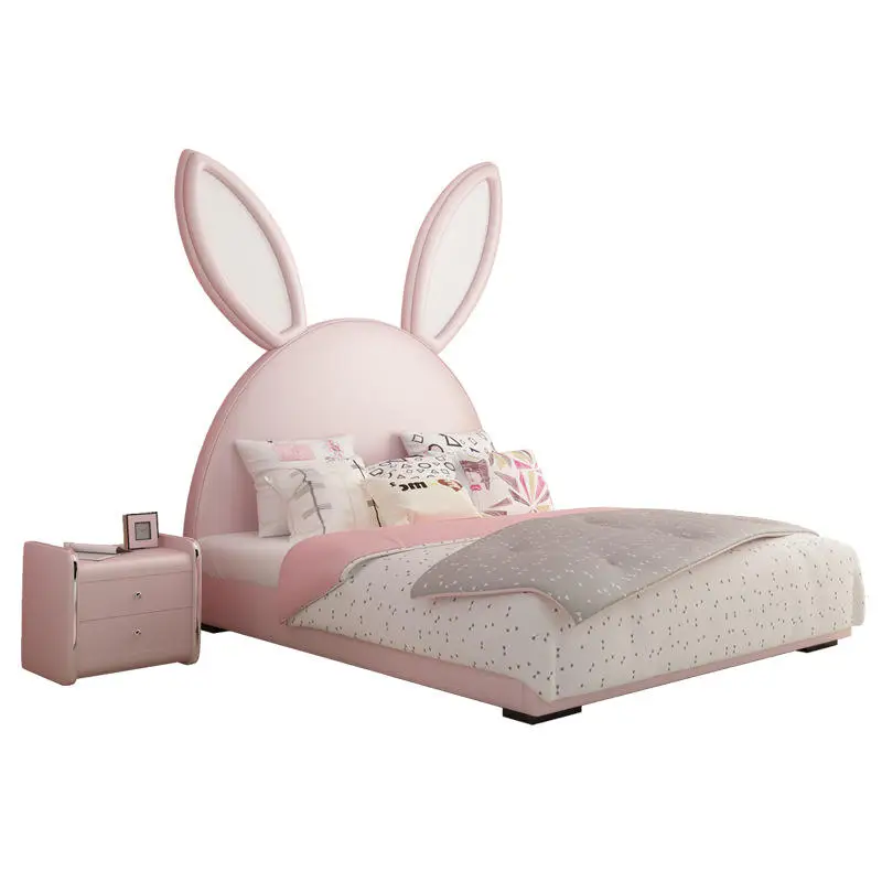 Children Kid Size Single Double Leather Bed Bedroom Kid Furniture Set Rabbit rabbit ears children bed fantasy castle cartoon