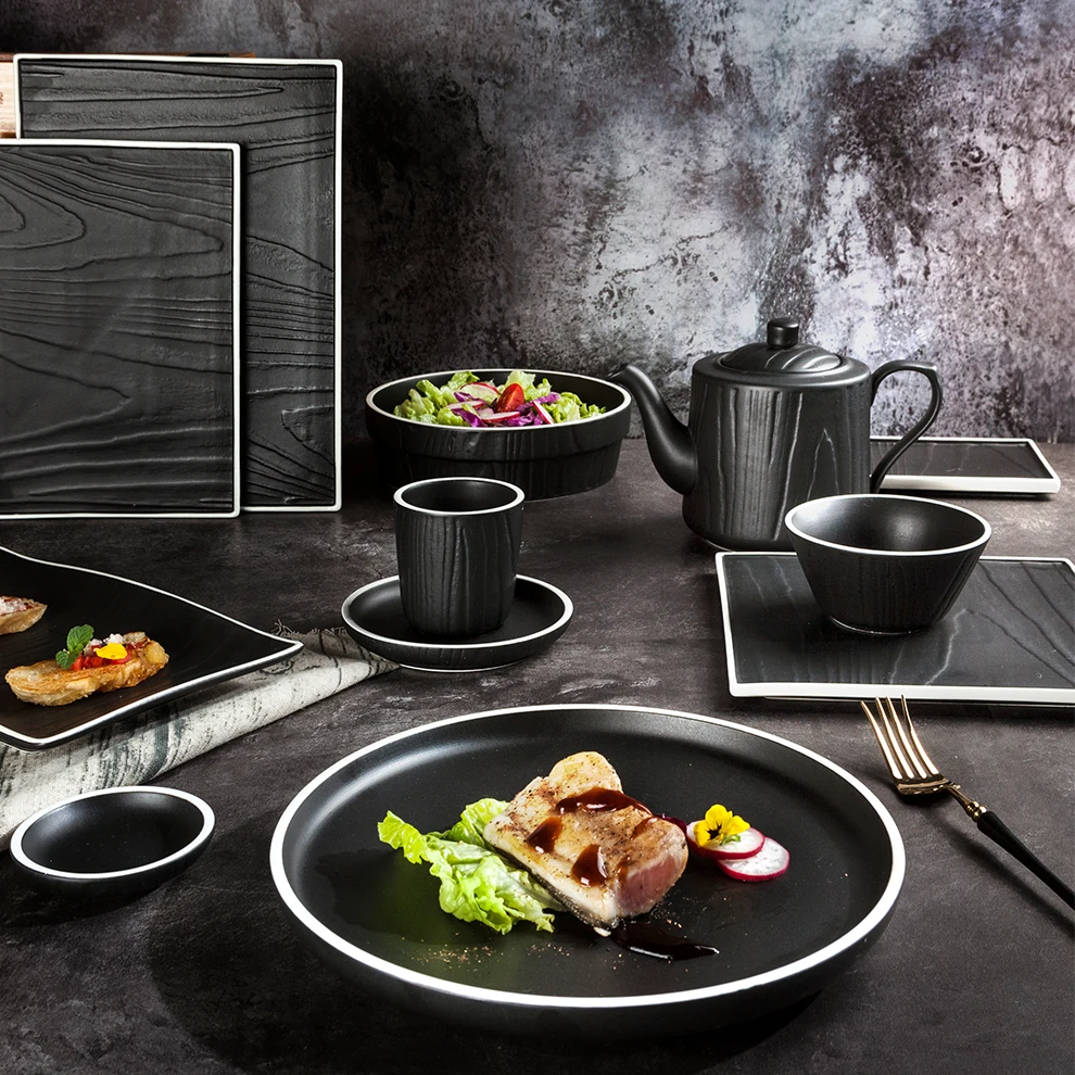 Restaurant Plates 9 10 13 Inch Black White Rim Rectangular Deep Ceramic Dishes