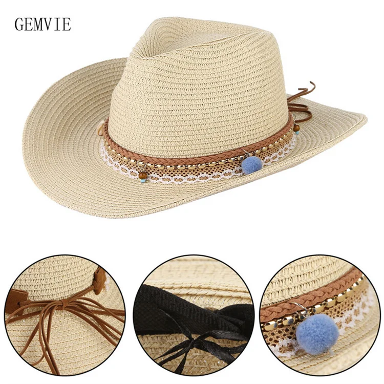 Lace Monochrome Straw Hat Fedora Hats For Adults Western Cowboy Wide Brim Straw Hat