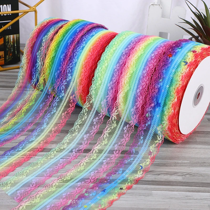 38MM Colorful Net Wholesale Embroidery Garment Material DIY bow gradient color decorative ribbon Polyester Flower Lace Trim