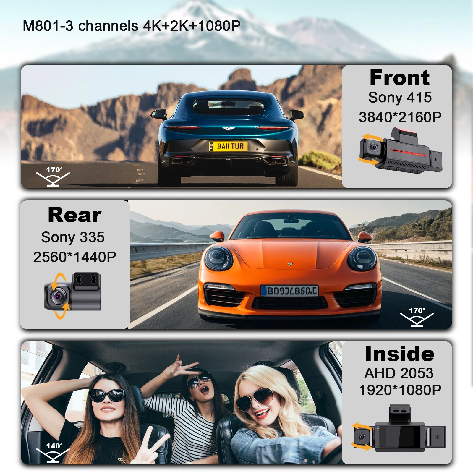 3 channel car dvr 4K WIFI GPS dashcam Front and rear+inside 3 lens dash camera hd 4k dash cam 3 lens car dvr dashcam