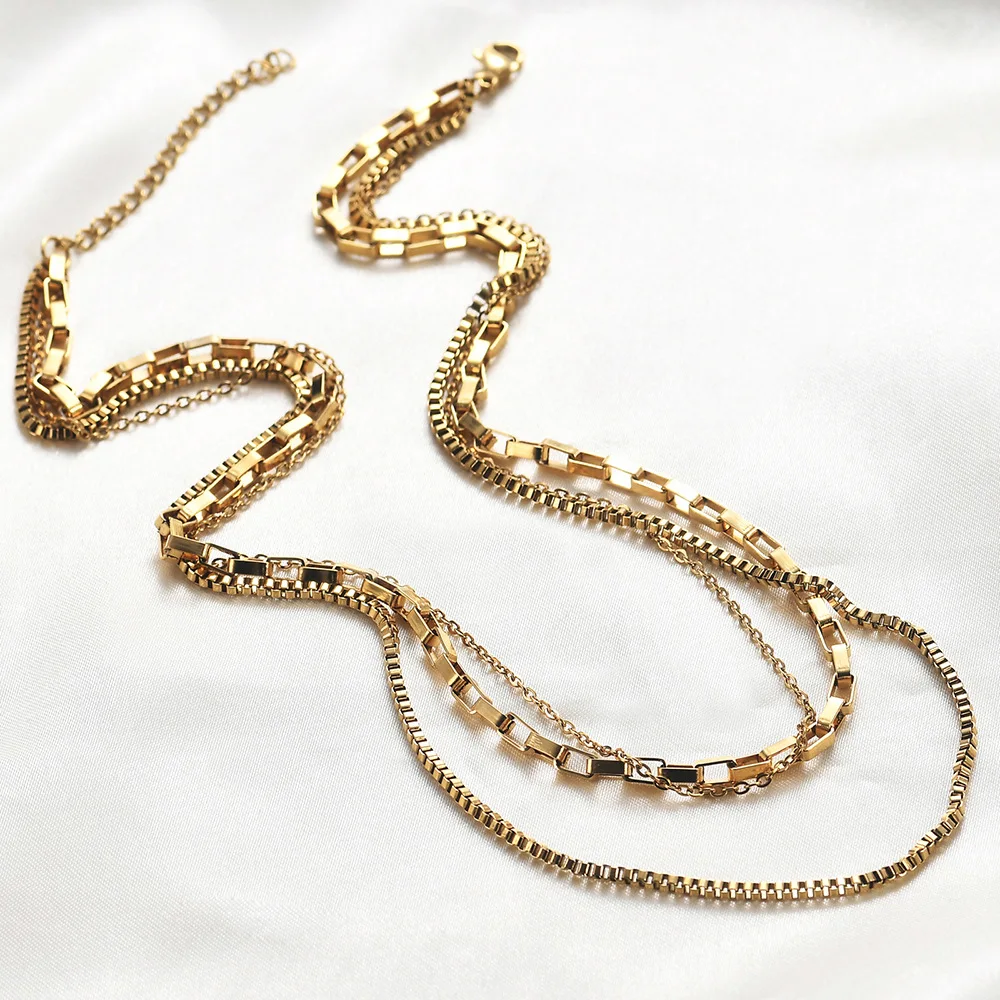 2024 Fashion 3 Layered Chain Necklace 18K Gold Plated Stainless Steel Waterproof Fine Neck Collar Chain Necklace for woman