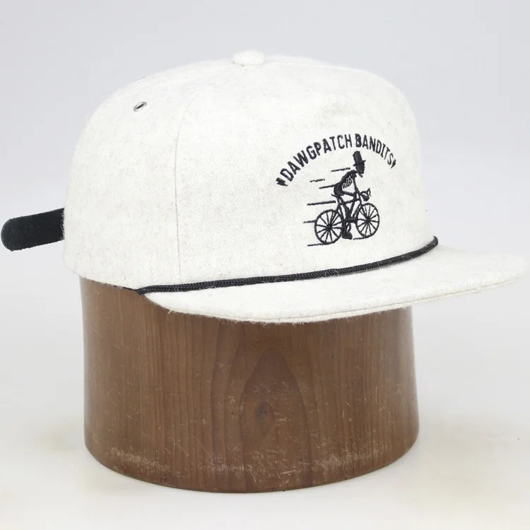 5 panel flat brim black string leather strap custom embroidery wool hat men