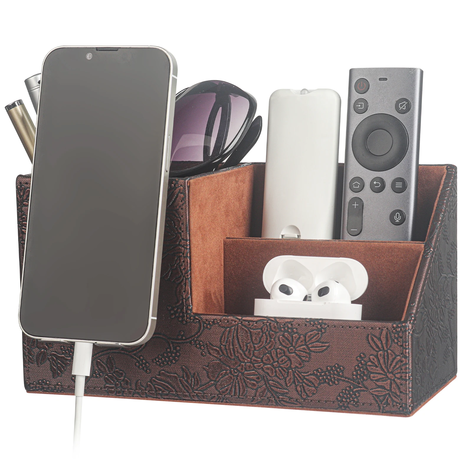 PU Leather Desk Organizer Pen Pencil Holder Business Name Cards Remote Control Holder,Cell phone with Stainless Holder