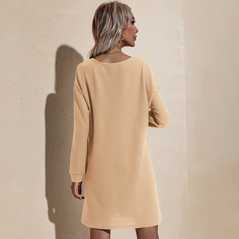 2021 Casual V-Neck Long Sleeve Sexy Fall Winter Street Wear Army Green Knitting Loose Plus Size Shirt Dress for women