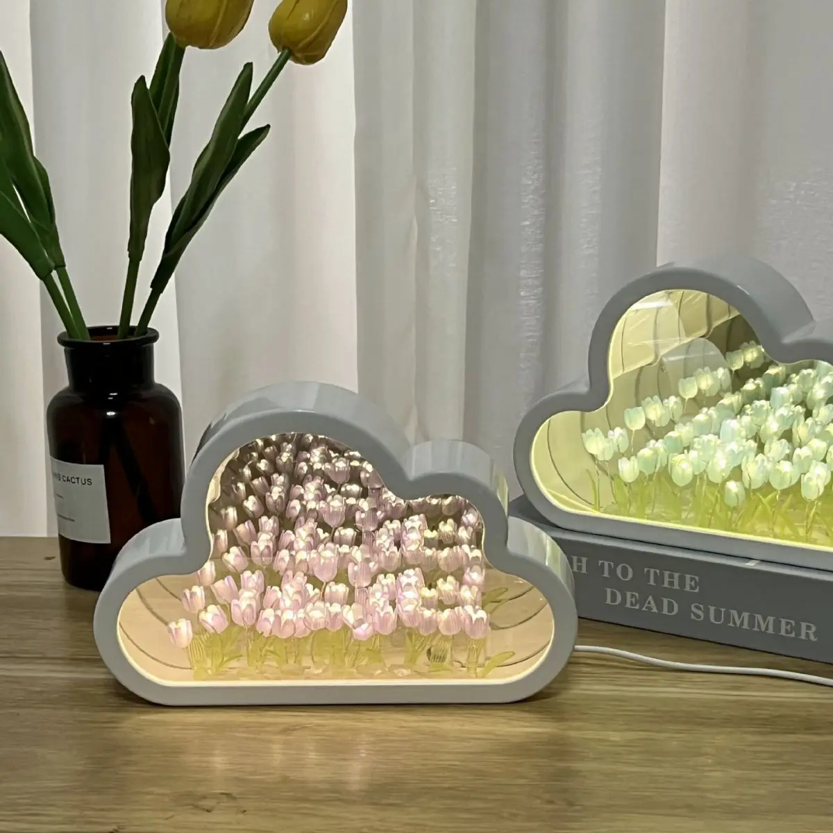 Creative Handmade DIY LED Cloud Shape Tulip Mirror Hot Sale Luminous Tulip Lamp Bedroom Bedside Decoration For Friend Gift