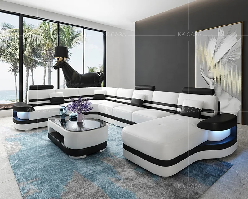 Luxury Modern Design Living Room Furniture Sets Stainless Steel Italian Leather U shaped Sofa 7 seater Set