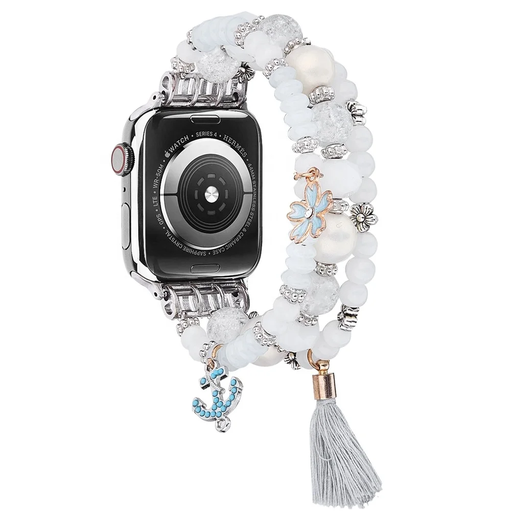 Женский модный очаровательный ремешок для Apple Watch эластичный роскошный сменный с кристаллами и жемчугом iWatch Series 6 5 4 3 SE 40