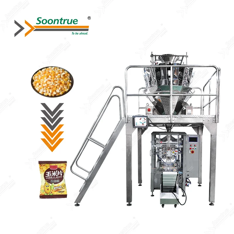 automatic multihead weigher combined puffed corn snacks food vertical packaging machine