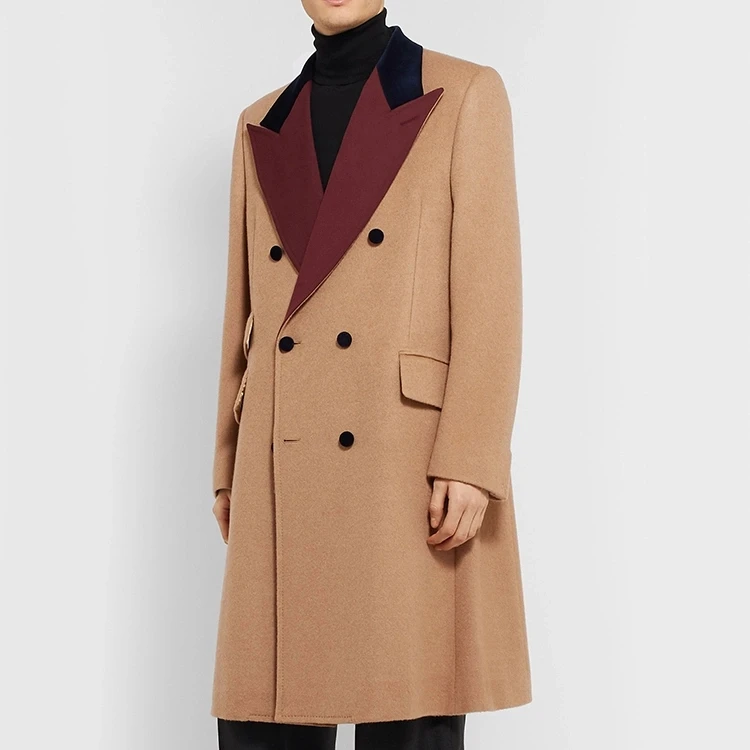OEM Custom Velvet and Twill-Trimmed Double-Breasted Camel Hair Coat for Men