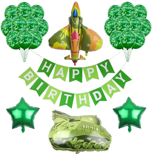 Military Theme Birthday Party Camouflage Happy Flags Fighter tank Foil Balloons Latex Arch Cake Toppers