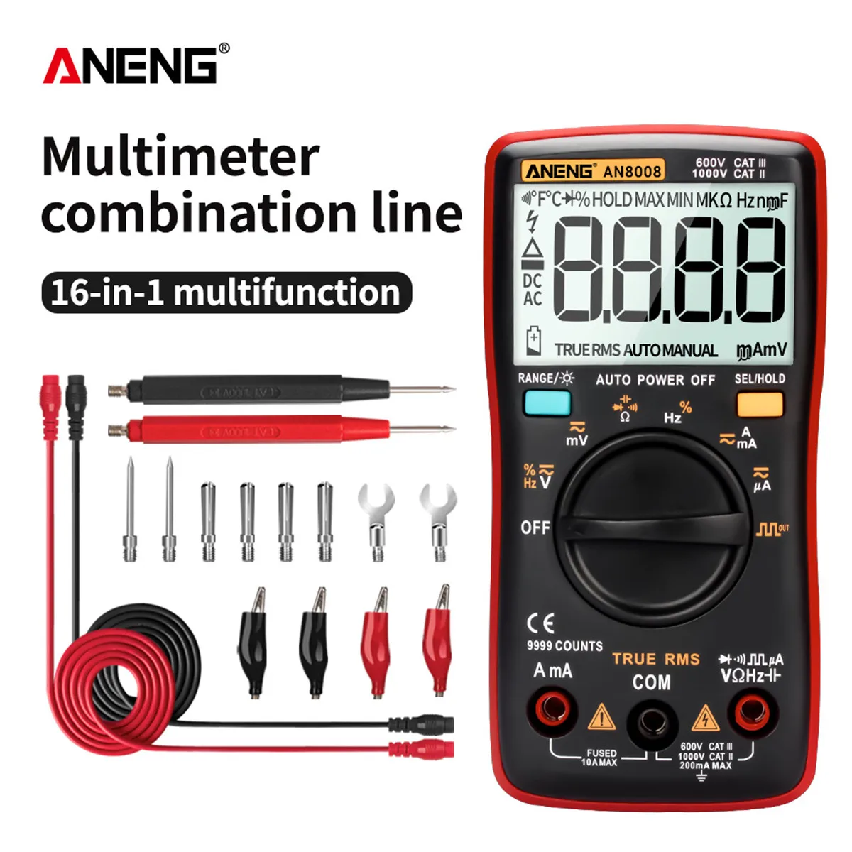 Цифровой мультиметр ANENG AN8008 Pro, 9999 отсчетов, True-RMS, квадратная волна, подсветка, амперметр напряжения постоянного и переменного тока, Ток Ом, автоматический/ручной