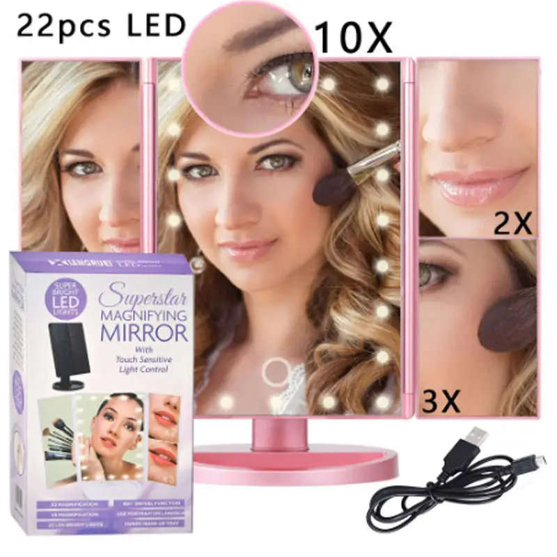 22-light three-fold mirror 2X3X enlarged LED makeup mirror comb makeup desktop three-side folding mirror with light