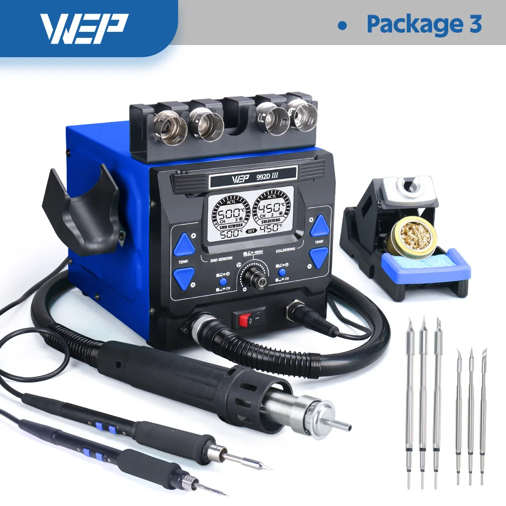 Комплект высокомощного паяльника WEP 992D-III 1000 Вт с совместимым 2 в 1 горячим воздухом BGA Прецизионная паяльная станция