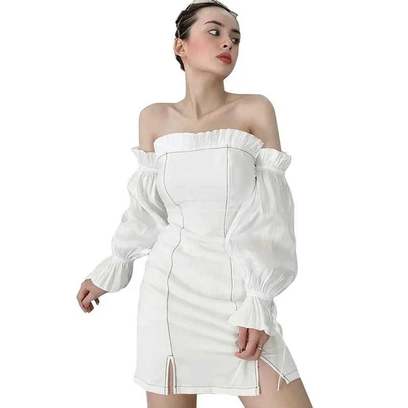 
Long sleeve collar aural edge Mosaic two-color slim body wrap under the buttock put fork sexy dresses women 