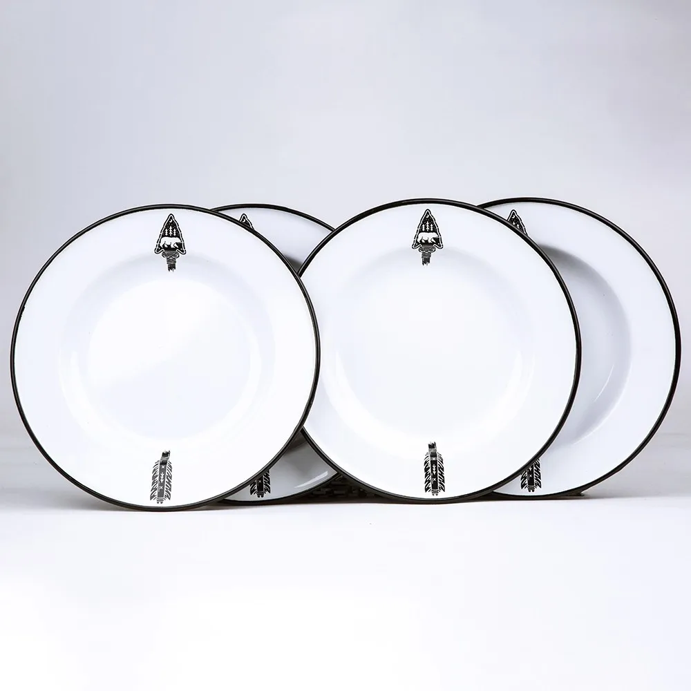 30cm dinnerware big round custom logo white color fruit serving flat shape 12 inch enamel dinner platen with black rim