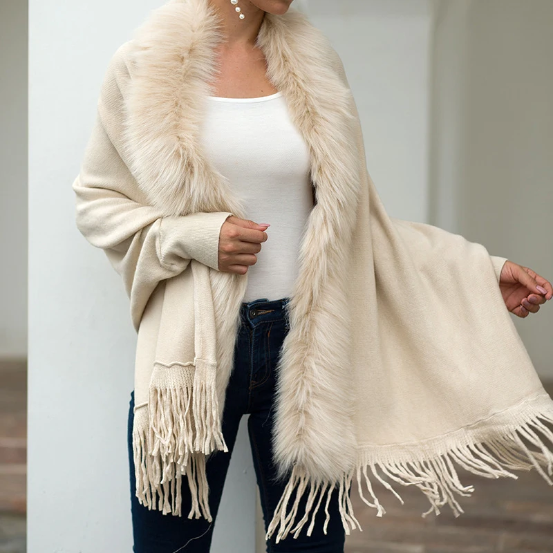 Sweater Oversize Autumn Winter Clothes Women Fur Collar Shawl Cape Streetwear Knitted Tassel
