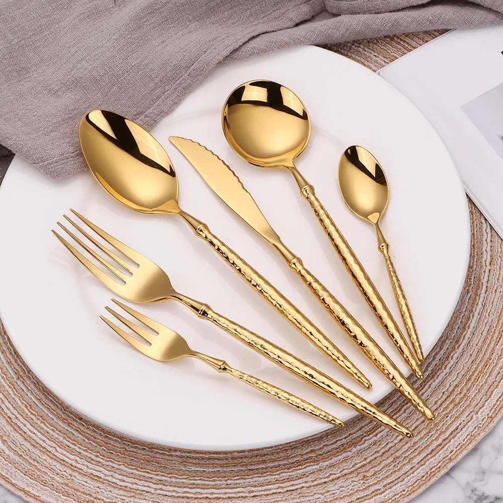 Hot selling New 304 stainless steel ballet hammer pattern round handle knife, fork and spoon luxury wedding western cutlery set